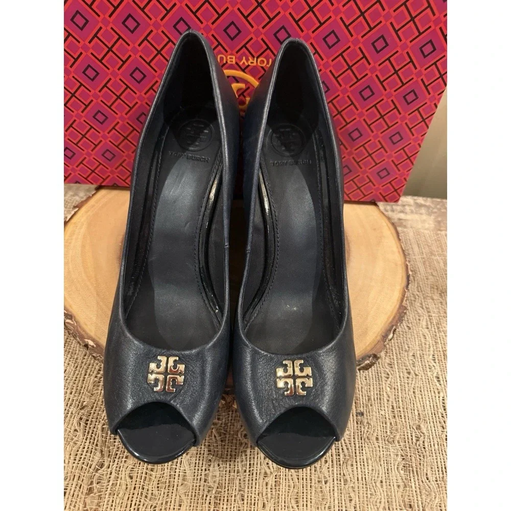 Tory Burch Jolie Peep Toe Wedge Pump Navy Blue Nappa Leather MRSP Sz-8 $290